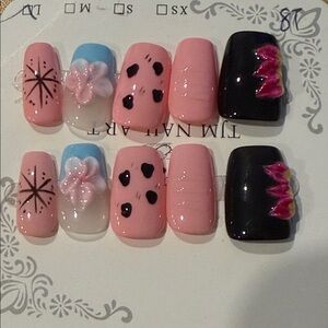 Pink and Black Handmade press on Nail Art Set